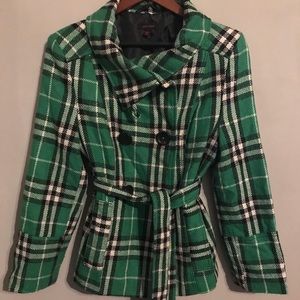 Green plaid wool blend pea coat